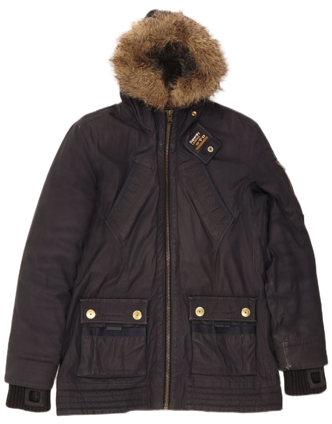 SUPERDRY Chaqueta parka con capucha para mujer UK 46 Large Algodón azul marino