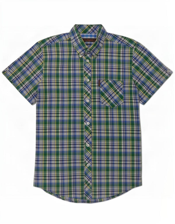 Ben Sherman Camisa de manga corta para hombre de algodón a cuadros verdes pequeños