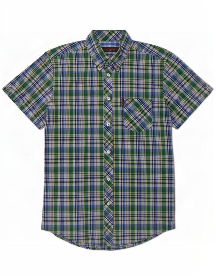 Ben Sherman Camisa de manga corta para hombre de algodón a cuadros verdes pequeños