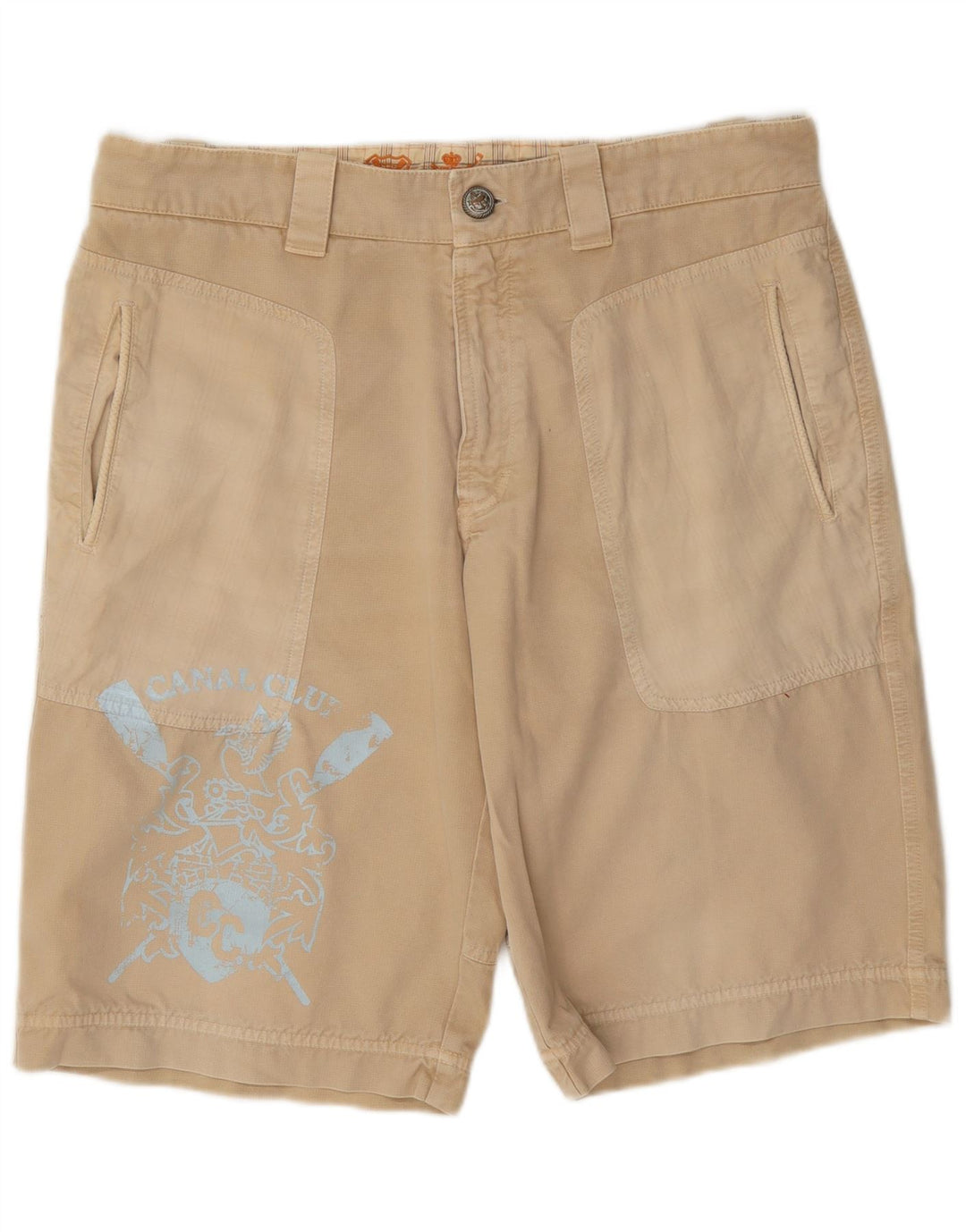 Vintage hombres gráfico chino pantalones cortos W36 grande beige