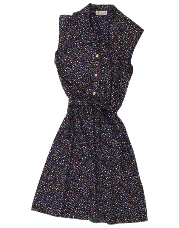 Vintage Womens Sleeveless A-Line Dress UK 12 Medium Navy Blue Floral