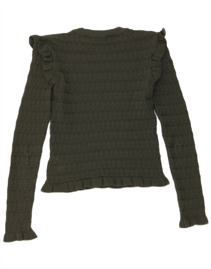 Zara Mujer Crop Ruffle Front Top Manga Larga UK 8 Small Caqui Poliéster