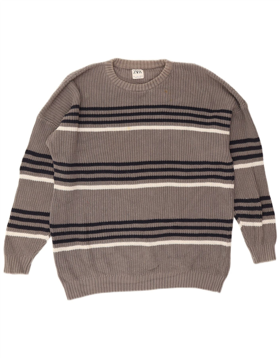 Zara Hombre Jersey Cuello Redondo Jersey Grande Gris Rayas