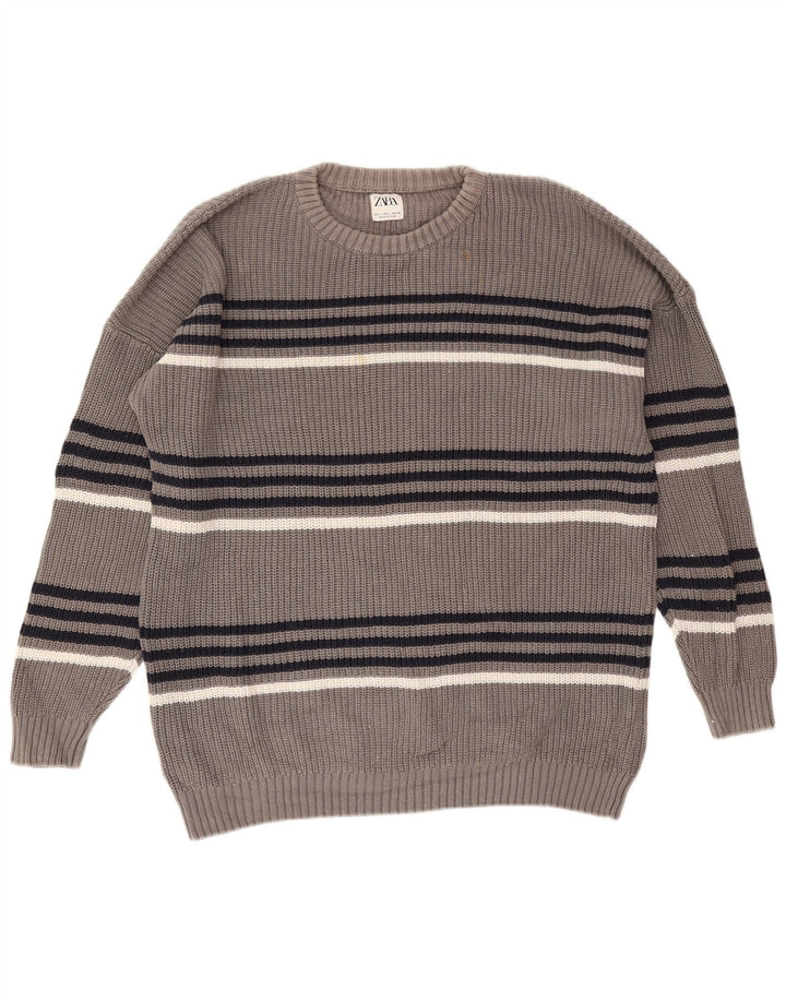 Zara Hombre Jersey Cuello Redondo Jersey Grande Gris Rayas