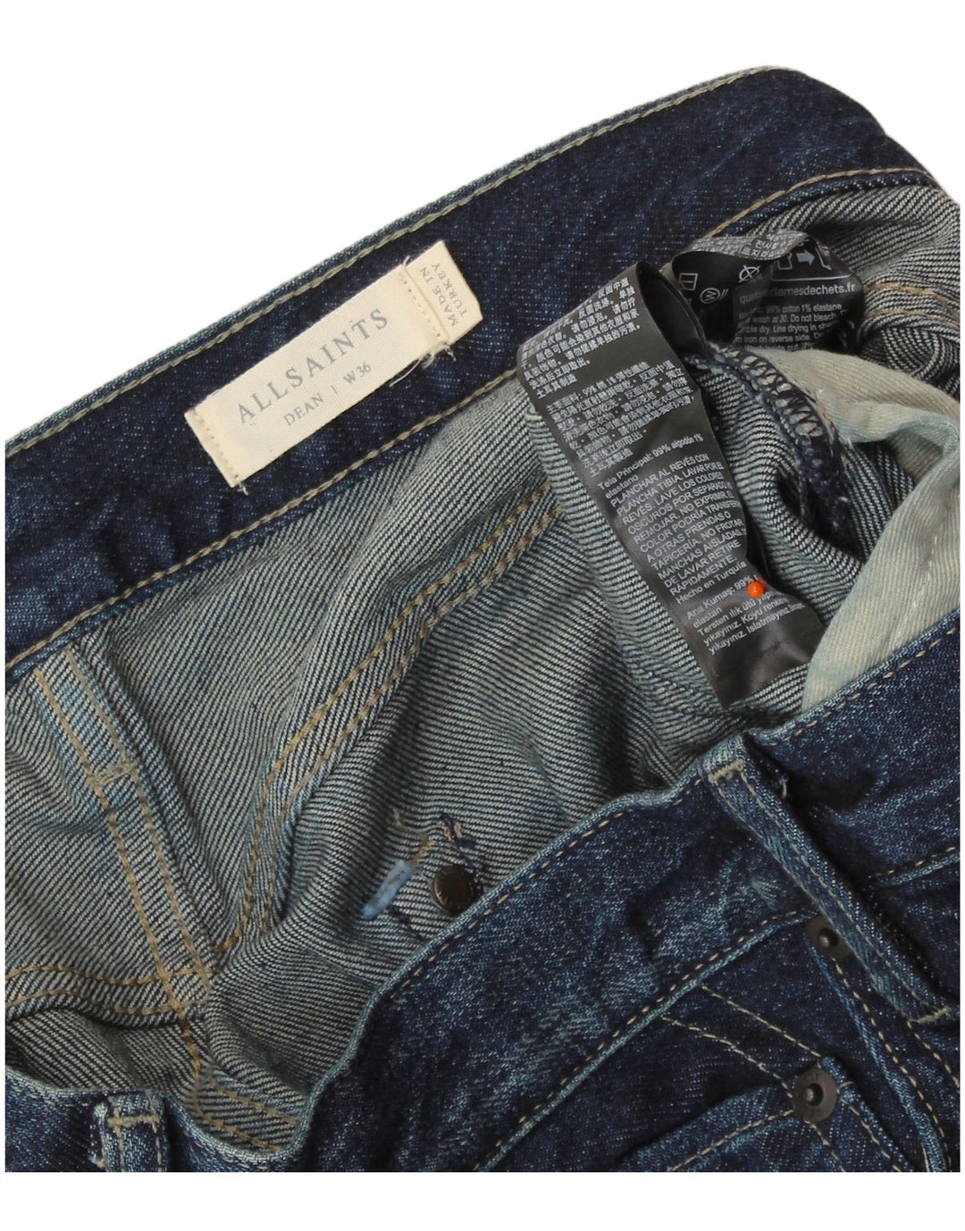 ALL SAINTS Jeans Dean Slim para hombre W36 L28 Algodón azul marino