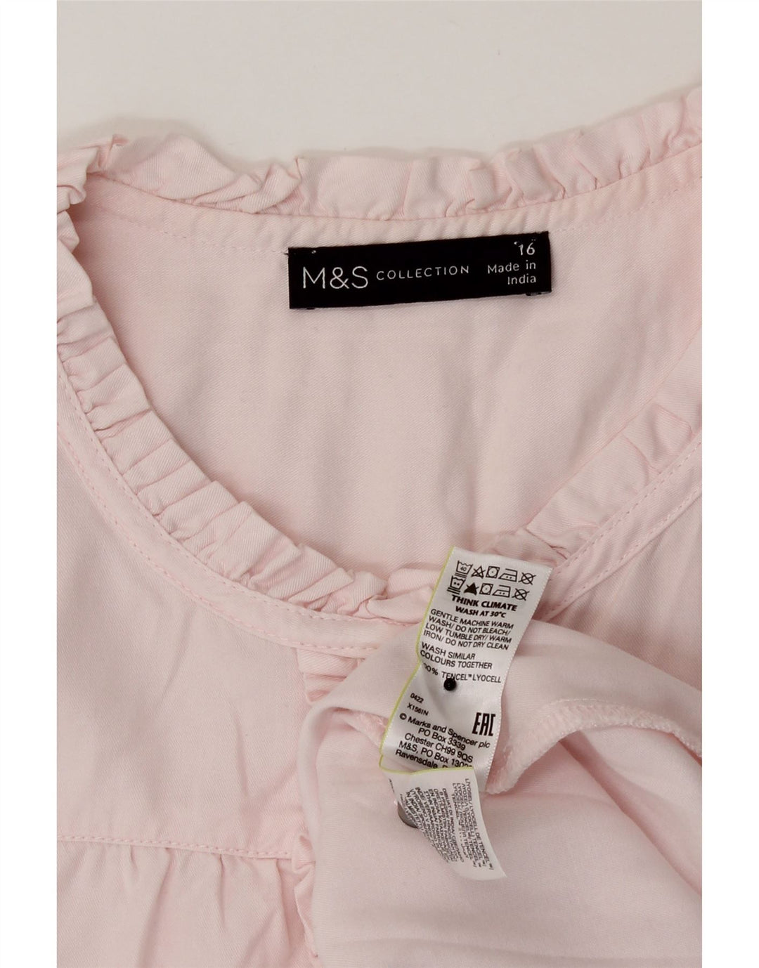 Marks & Spencer Blusa tipo camisa con volantes en la parte delantera para mujer UK 46 Large Pink Lyocell