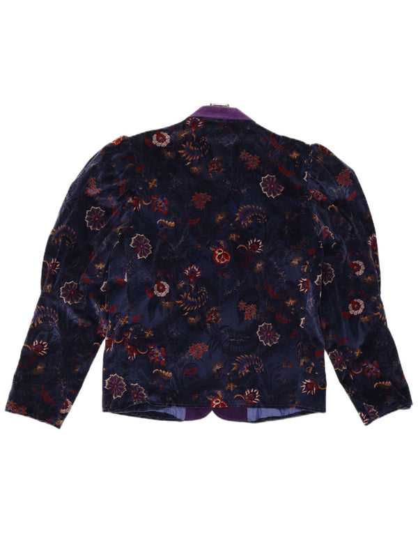 Vintage mujer 1 botón terciopelo Blazer chaqueta EU 38 medio azul marino floral