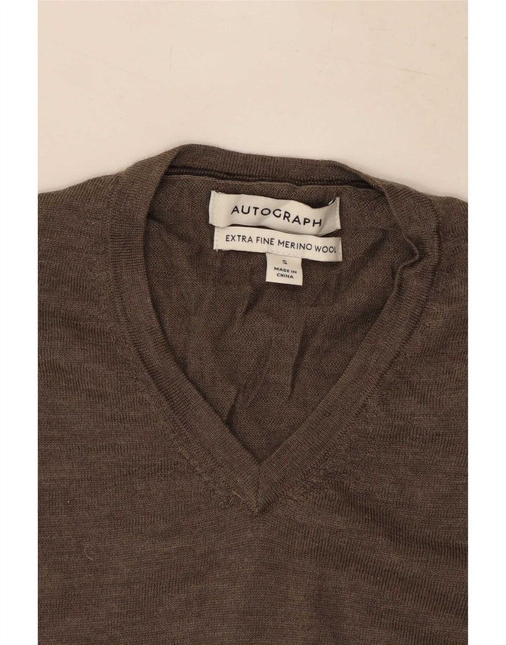 Marks & Spencer suéter con cuello en V para hombre pequeño de lana marrón