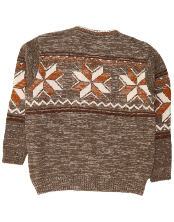 Vintage hombres V-cuello jumper suéter grande caqui feria isla acrílico