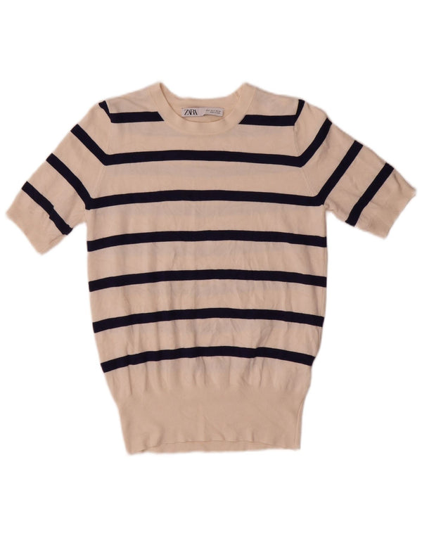 Zara - Jersey con cuello barco para mujer, talla 40, talla pequeña, color blanco roto, a rayas