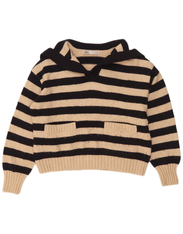 Zara Mujer Oversize Polo Cuello Jersey Suéter UK 10 Small Beige Rayas