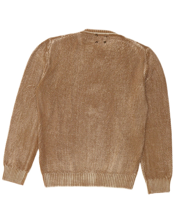 Vintage hombres cuello redondo jersey suéter grande marrón geométrico lana virgen