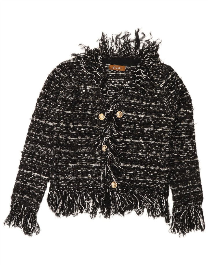 VINTAGE Mujer Cardigan Suéter Reino Unido 10 Pequeño Acrílico Rayado Negro