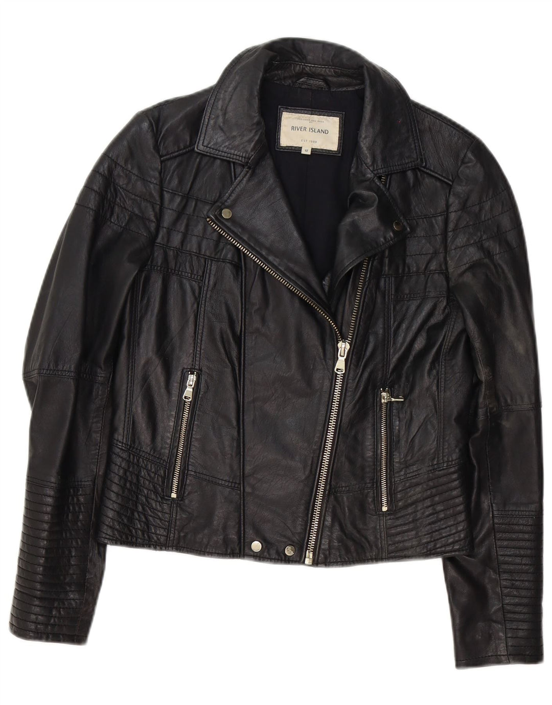 Chaqueta motera de cuero para mujer de River Island, talla 48, talla mediana, negra