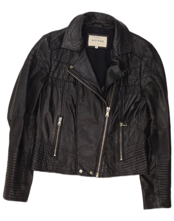 Chaqueta motera de cuero para mujer de River Island, talla 48, talla mediana, negra
