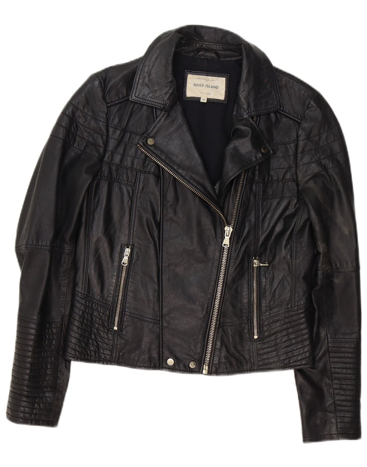 Chaqueta motera de cuero para mujer de River Island, talla 48, talla mediana, negra