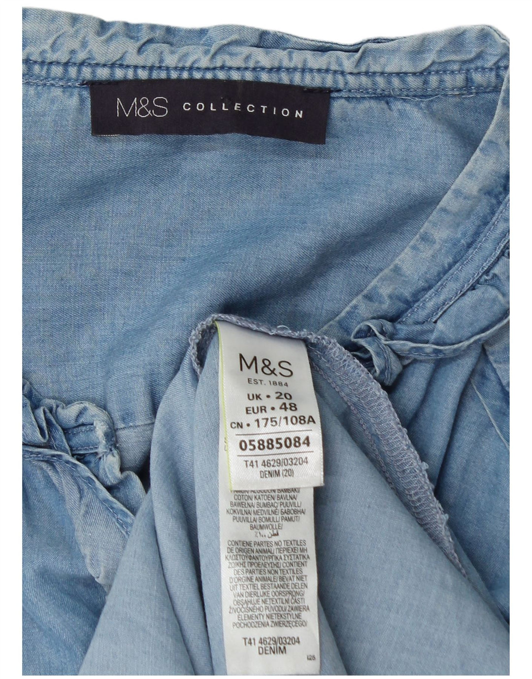 Marks & Spencer Camisa con volantes en la parte delantera para mujer UK 20 2XL Algodón azul