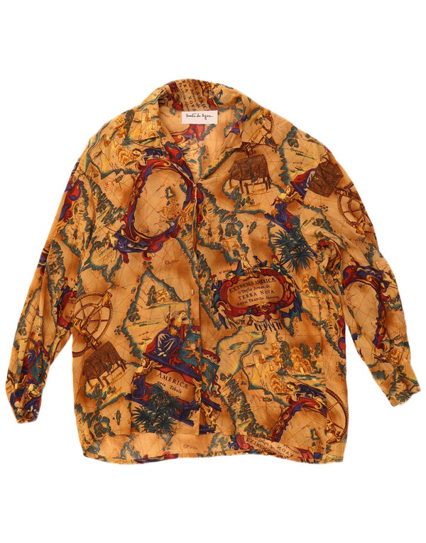 Vintage mujer gráfico camisa de gran tamaño blusa Reino Unido 16 acetato beige grande