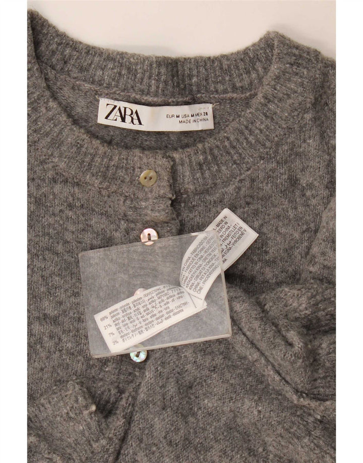 Zara Mujer Crop Cardigan Suéter UK 12 Poliéster Gris Medio