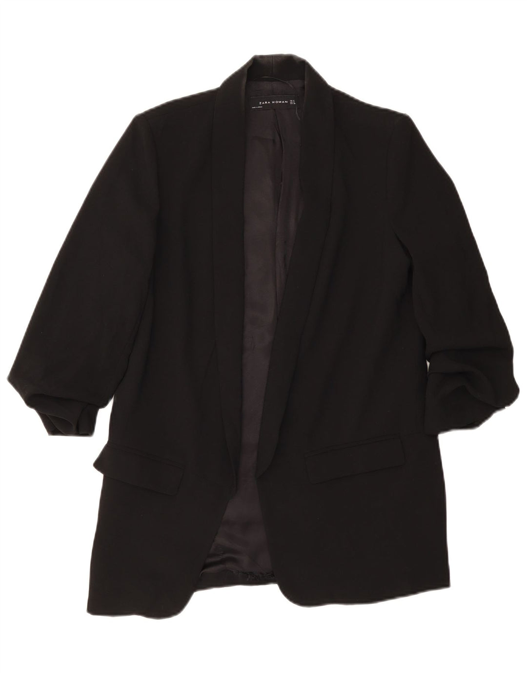 Zara Mujer Chaqueta Americana Abierta Manga 3/4 UK 10 Small Poliéster Negro