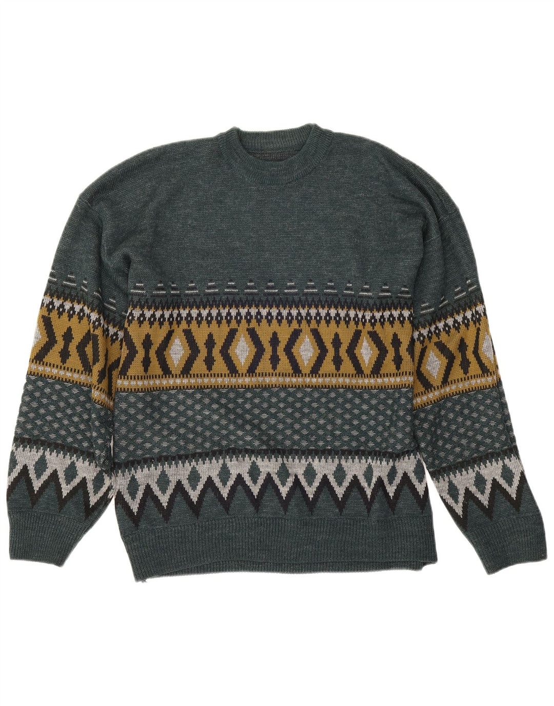 Vintage hombres cuello redondo jersey suéter grande verde geométrico