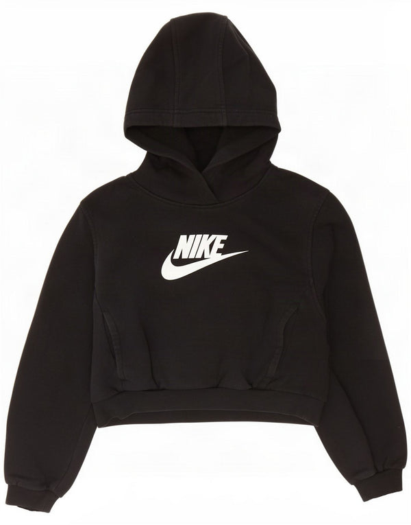 Nike Girls Crop Graphic Hoodie Jumper 12-13 Years Large Black Cotton