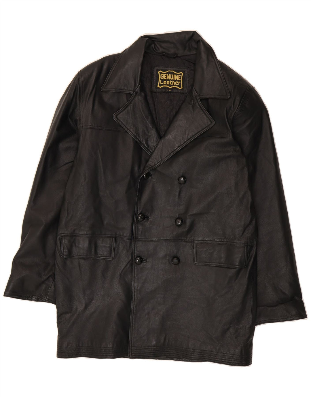 GENUINE LEATHER Mens Double Breasted Coat UK 38 Medium Black Leather Vintage Genuine Leather and Second-Hand Genuine Leather from Messina Hembry 