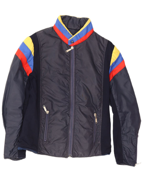 Vintage hombres acolchado chaqueta de esquí tamaño 50 medio azul marino colorblock retro