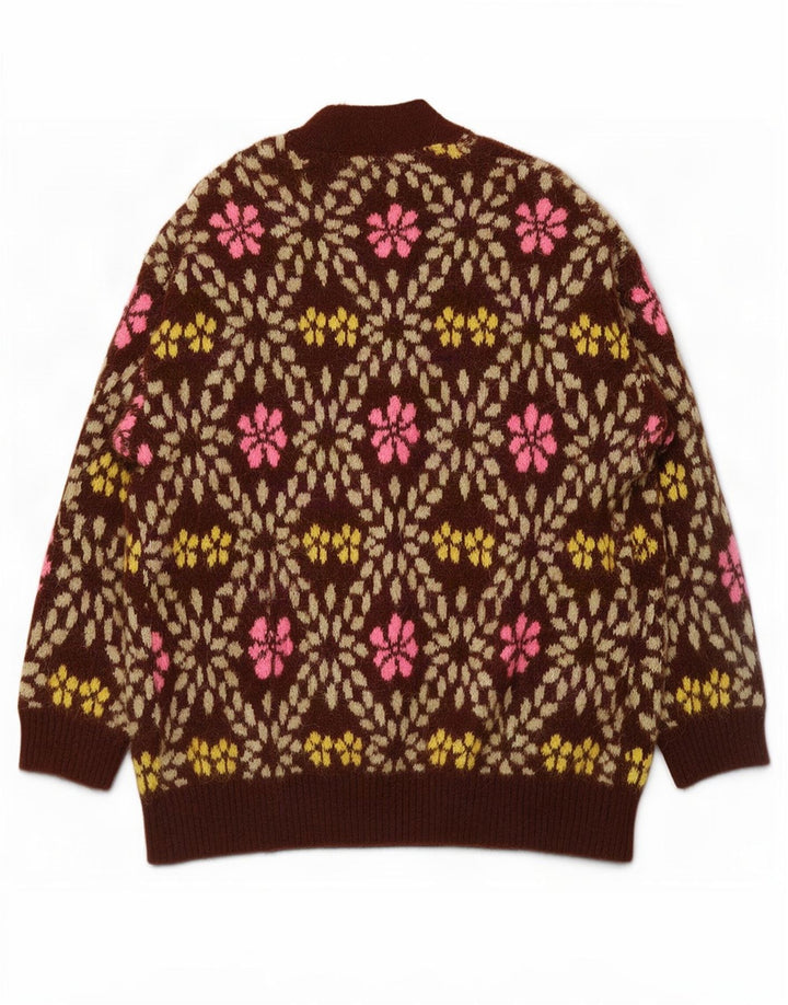 Zara Mujer Suéter Cárdigan Extragrande UK 12 Poliéster Floral Marrón Medio