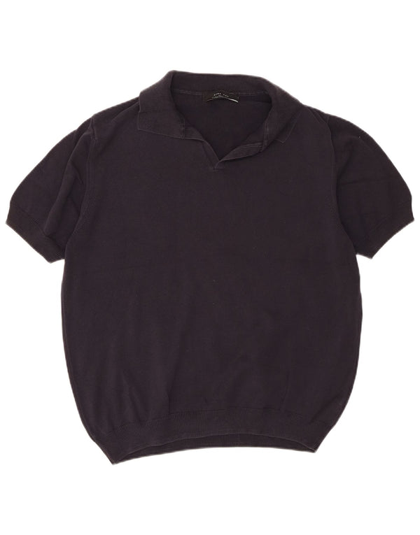 Zara Mens Manga Corta Polo Cuello Jersey Suéter Grande Azul Marino