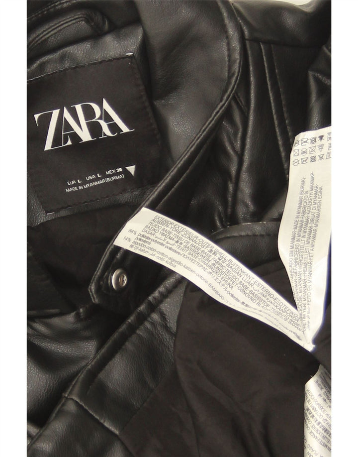 Zara Chaqueta Motera Corta De Piel Sintética Para Mujer UK 44 Grande Poliéster Negro