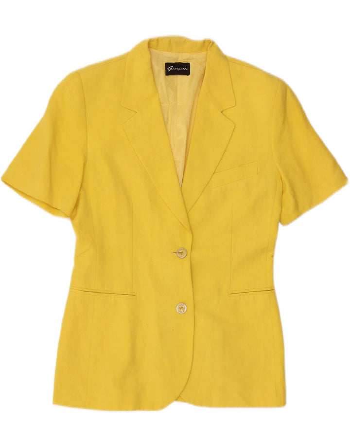 VINTAGE Mujer Manga Corta 2 Botón Blazer Chaqueta Reino Unido 12 Amarillo Medio