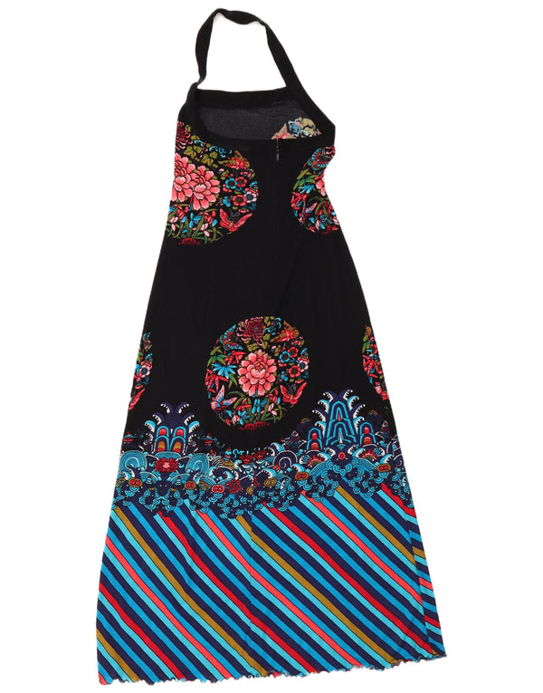 Vintage mujer Maxi Halter vestido Reino Unido 10 pequeño negro floral