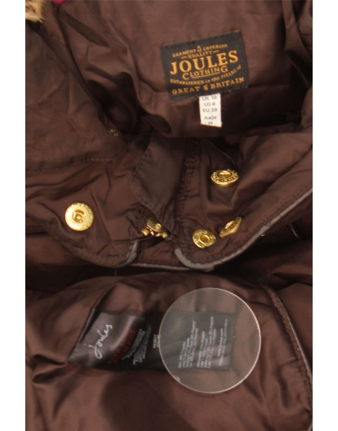 JOULES Abrigo acolchado con capucha para mujer UK 10 Small Marrón Poliéster