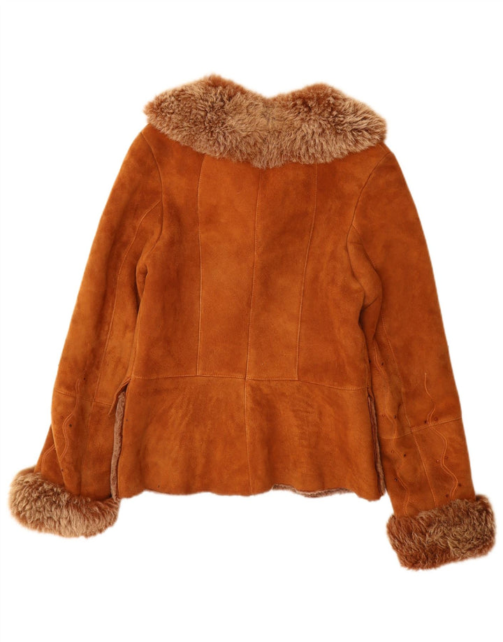 Vintage mujer shearling chaqueta Reino Unido 12 cuero marrón medio