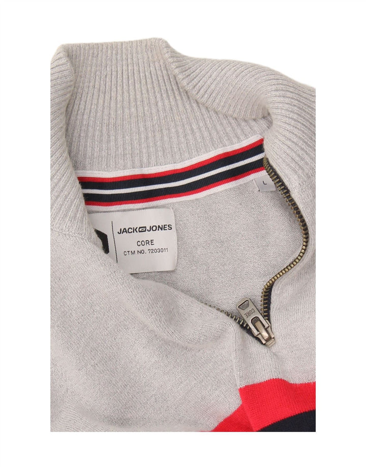 JACK & JONES Mens Graphic Zip Neck Jumper Sweater Large Grey Colourblock