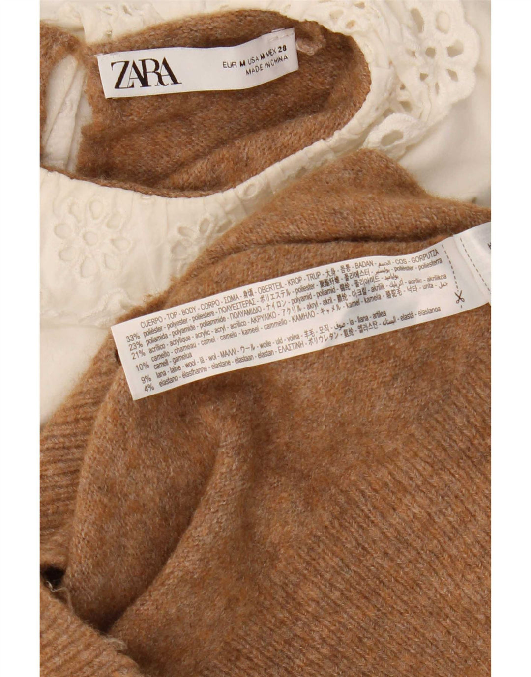 Zara - Jersey corto con cuello barco para mujer, talla 40, poliéster, color marrón medio
