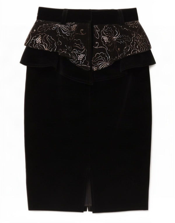 Falda Peplum de terciopelo vintage para mujer IT 44 Mediana W26 Lana floral negra