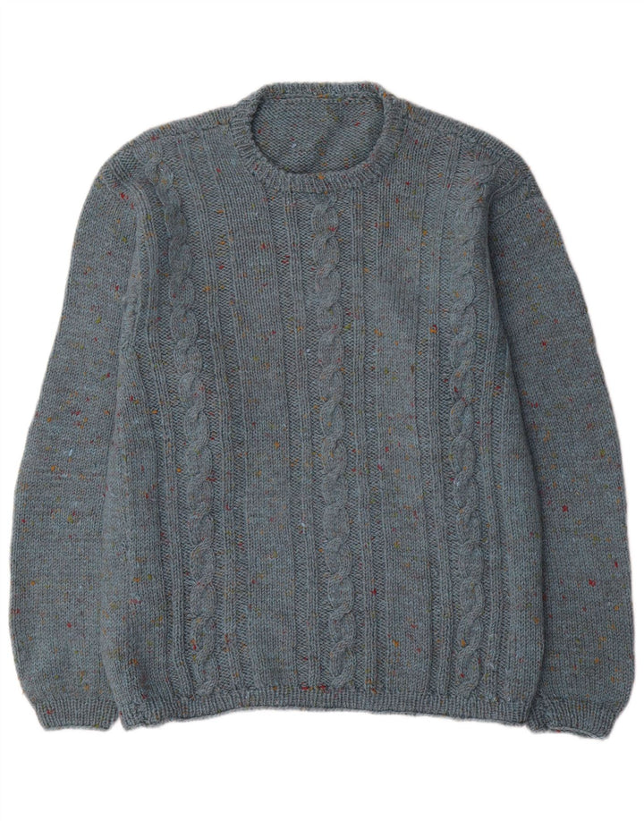 Vintage hombres cuello redondo jersey suéter medio azul moteado