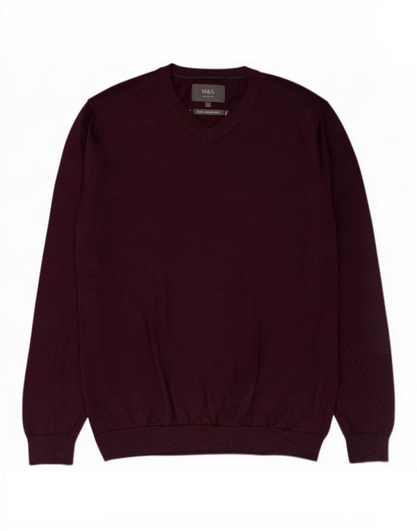 Marks & Spencer Jersey con Cuello en V para Hombre XL Lana Merino Burdeos