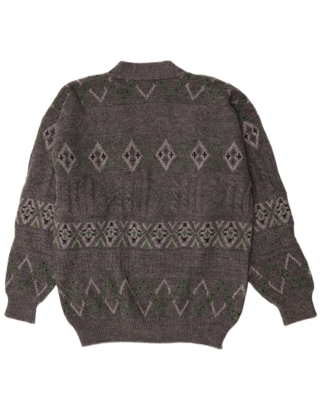 Vintage hombres Cardigan suéter grande gris lana geométrica