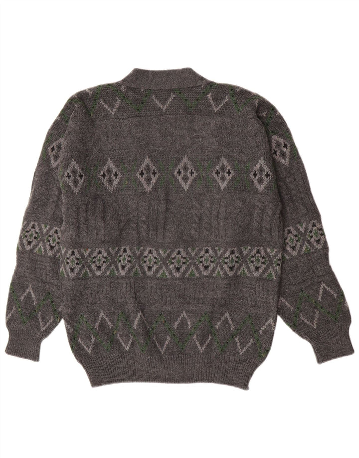 Vintage hombres Cardigan suéter grande gris lana geométrica
