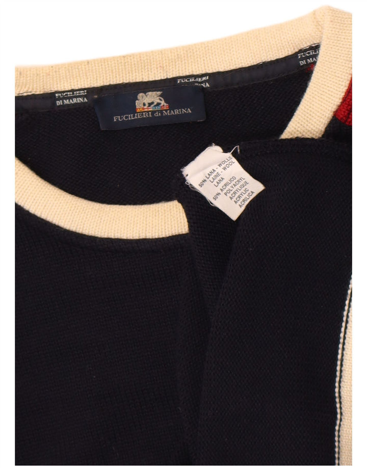Vintage hombres cuello redondo jersey suéter pequeño azul marino colorblock lana