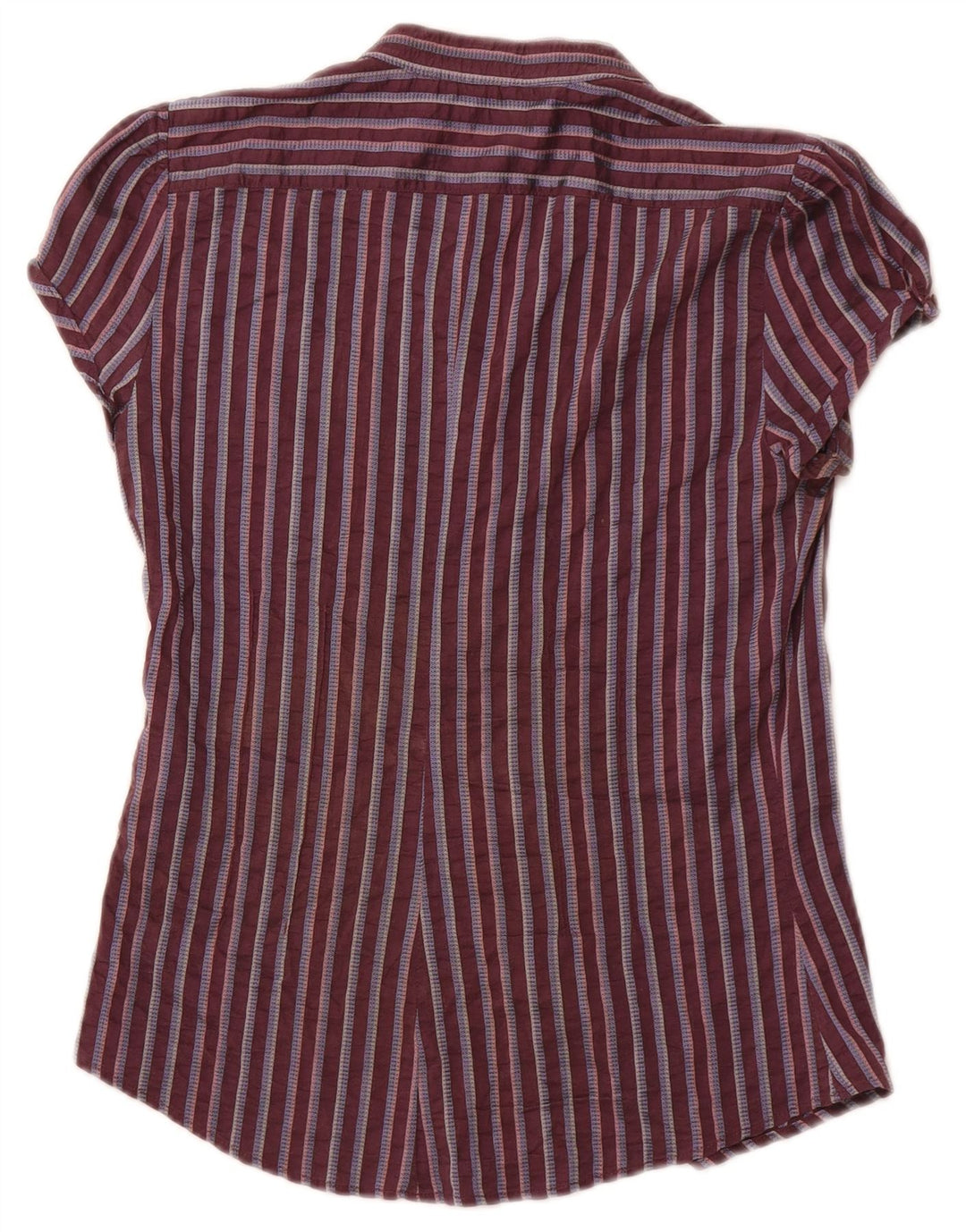 ZARA Blusa Camisa Manga Corta Mujer UK 40 Small Borgoña Rayas Algodón