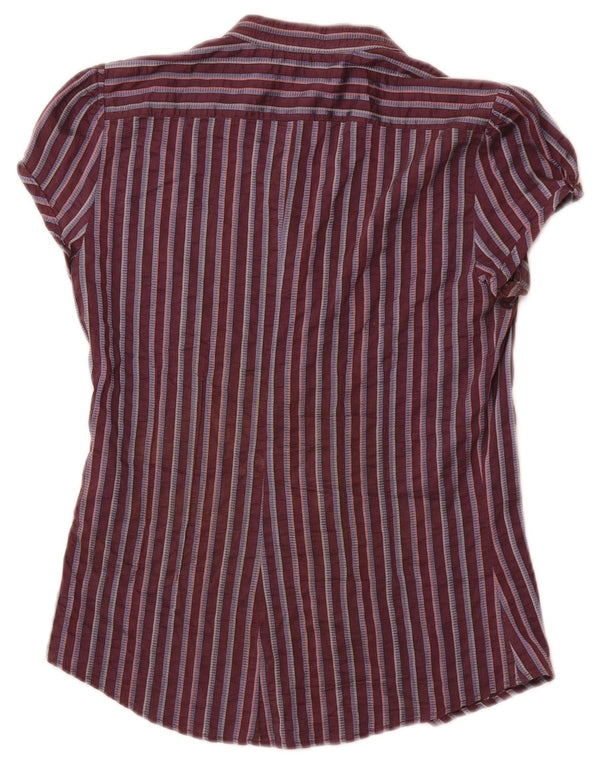 ZARA Blusa Camisa Manga Corta Mujer UK 40 Small Borgoña Rayas Algodón