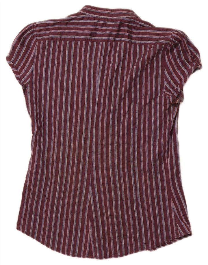 ZARA Blusa Camisa Manga Corta Mujer UK 40 Small Borgoña Rayas Algodón