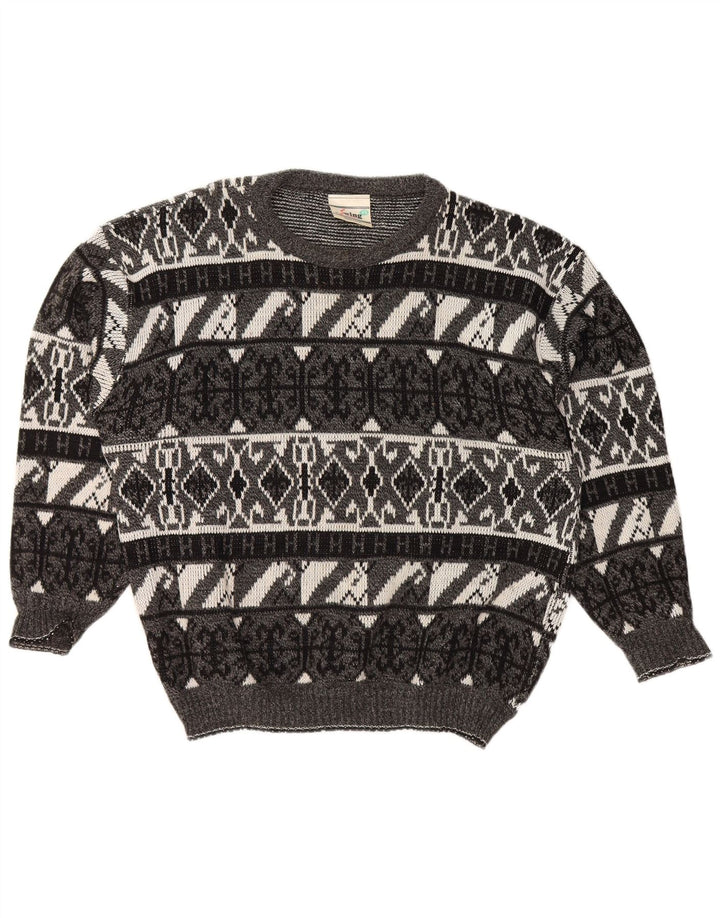 VINTAGE Hombres Barco Cuello Jumper Suéter XL Gris Geométrico Acrílico