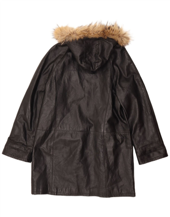 VINTAGE Abrigo de cuero con capucha para mujer IT 52 2XL Cuero negro