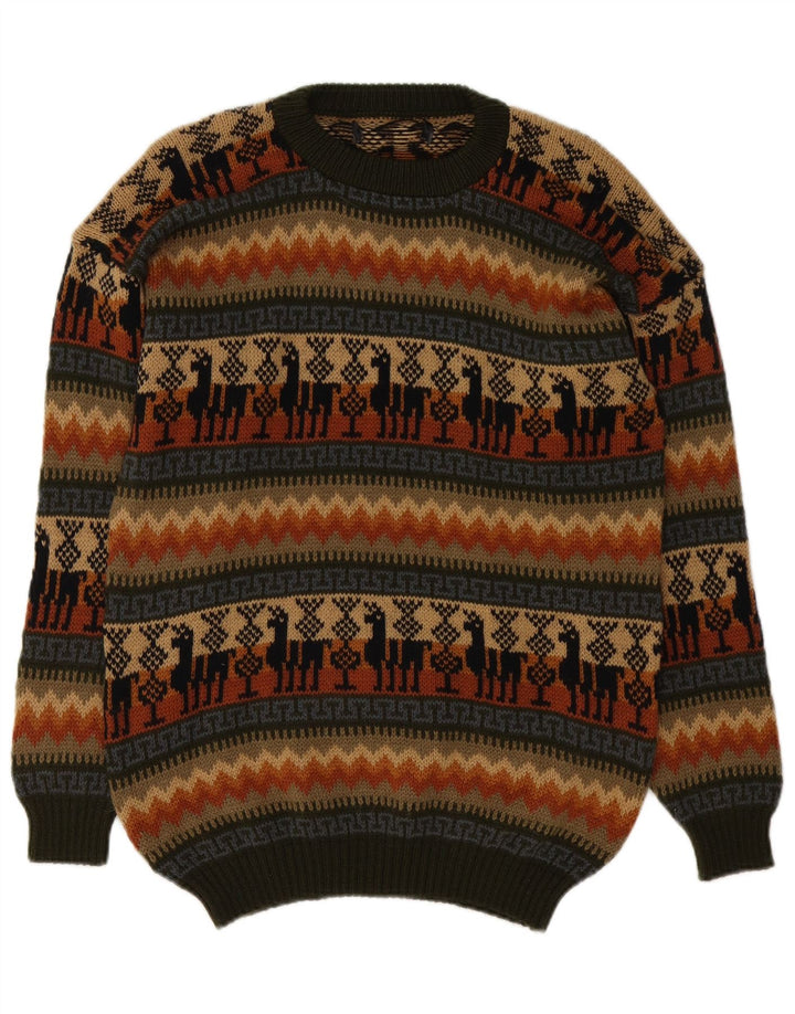 Vintage hombres cuello redondo jersey suéter medio multicolor Fair Isle