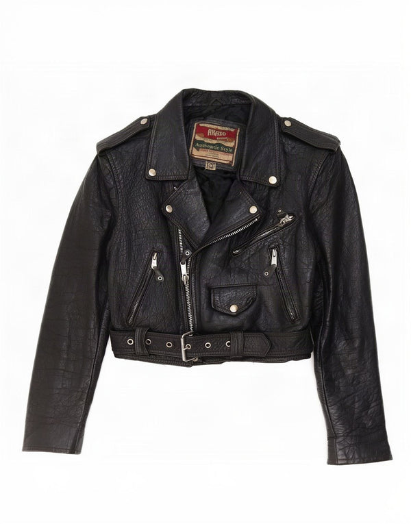 Akaso Chaqueta motera de cuero corta para mujer UK 10 Small Black